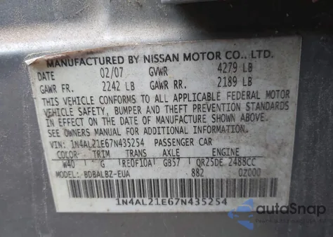 2007 Nissan Altima 2.5 S z USA, uszkodzony, nr VIN 1N4AL21E67N435254